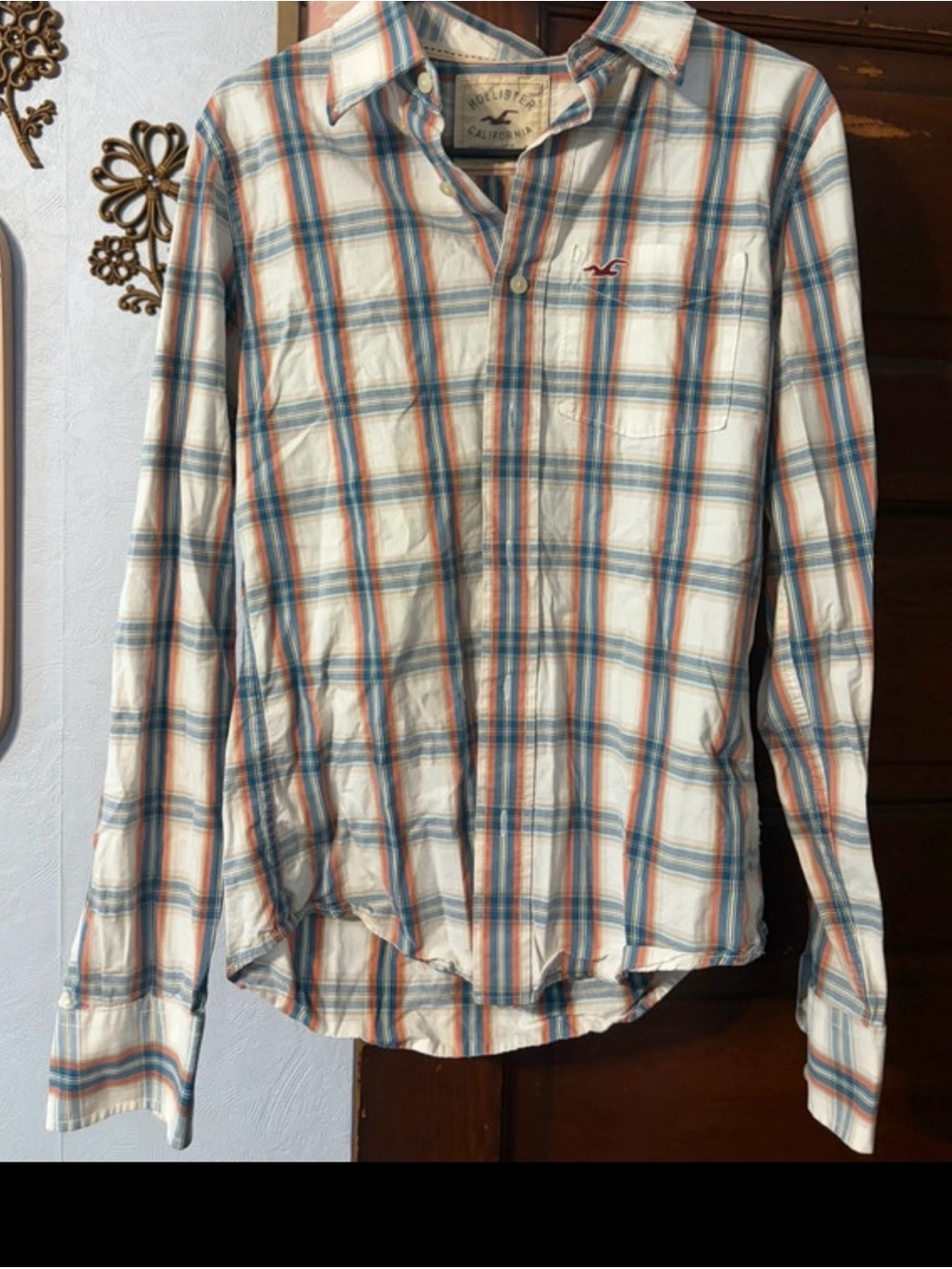 Vintage Hollister Men's White Plaid Button-Down Shirt with Blue & Orange Stripes